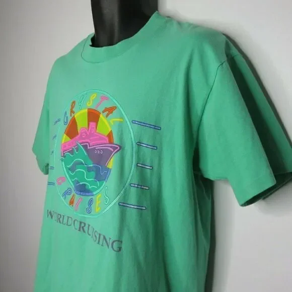 Vintage 90s Crystal Cruises TShirt L Green Neon Puffy Paint Made In USA Graphic - Picture 5 of 8